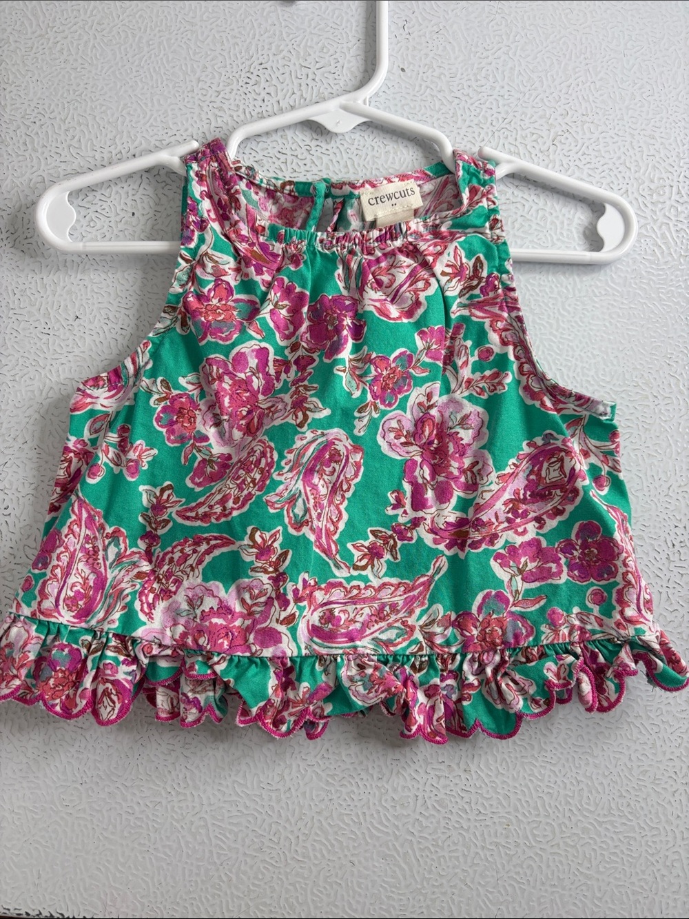 492 - Crewcuts Girls Floral Paisley Ruffle Tank Top - Green & Pink